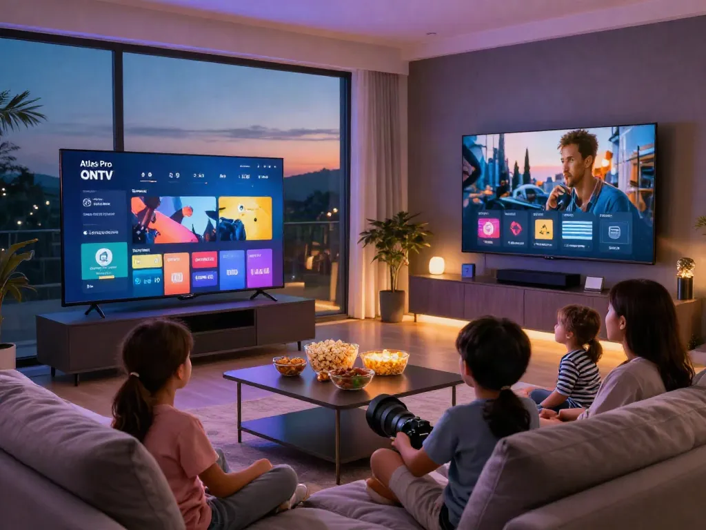Famille profitant d'une soirée cinéma avec l'application atlas pro ontv sur grand écran.