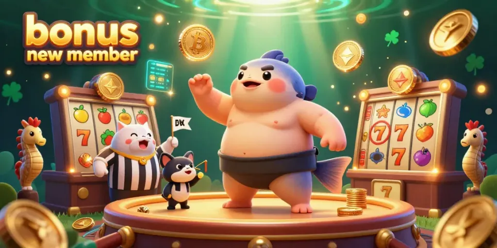 Engage with the exciting bonus new member offers in a dynamic casino environment featuring animated characters.