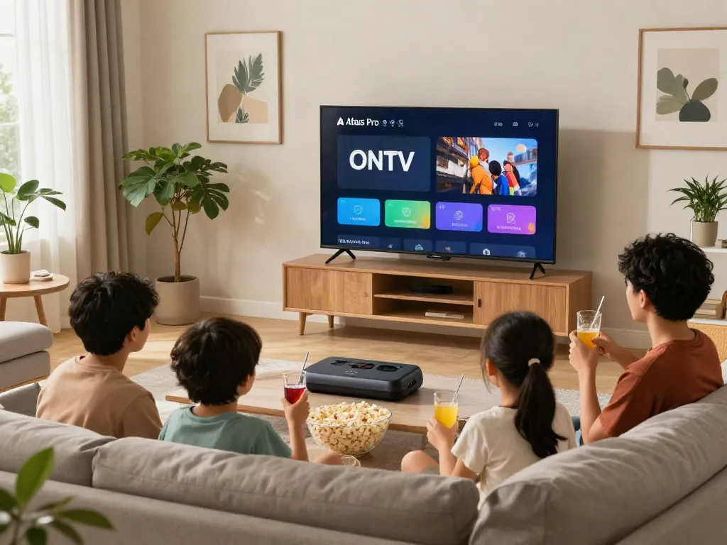 Profitez de l'expérience Atlas pro ontv en famille dans un salon moderne et accueillant.