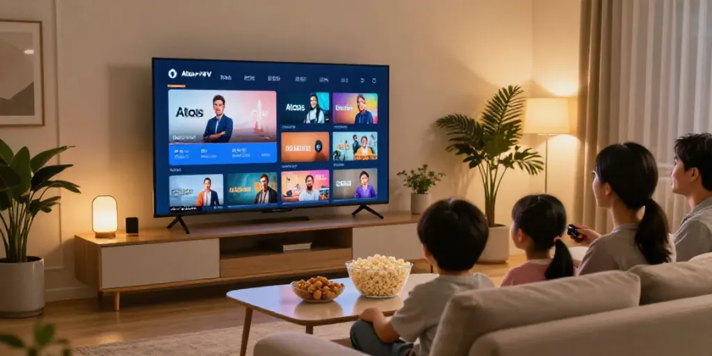 Famille profitant de l'application Atlas Pro IPTV sur une Smart TV dans un salon moderne.