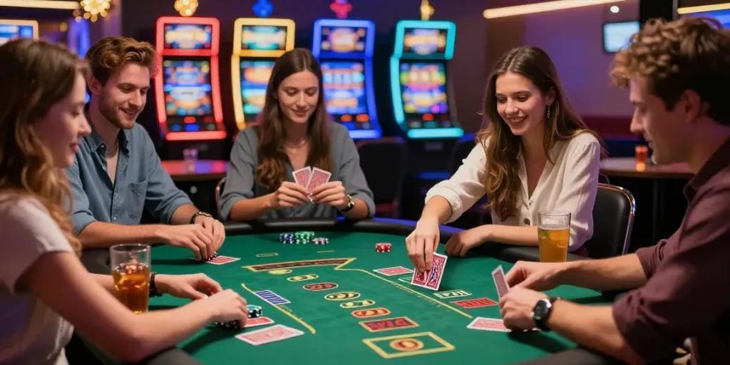 Ambiance de Casino En Ligne avec des amis jouant au blackjack, lumières vives et jeux de société offerts.