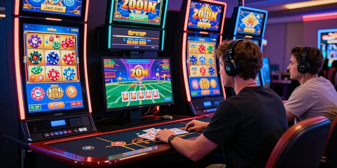 Un joueur engagé dans un casino en ligne, entouré de jeux colorés et d'animations évoquant la victoire.