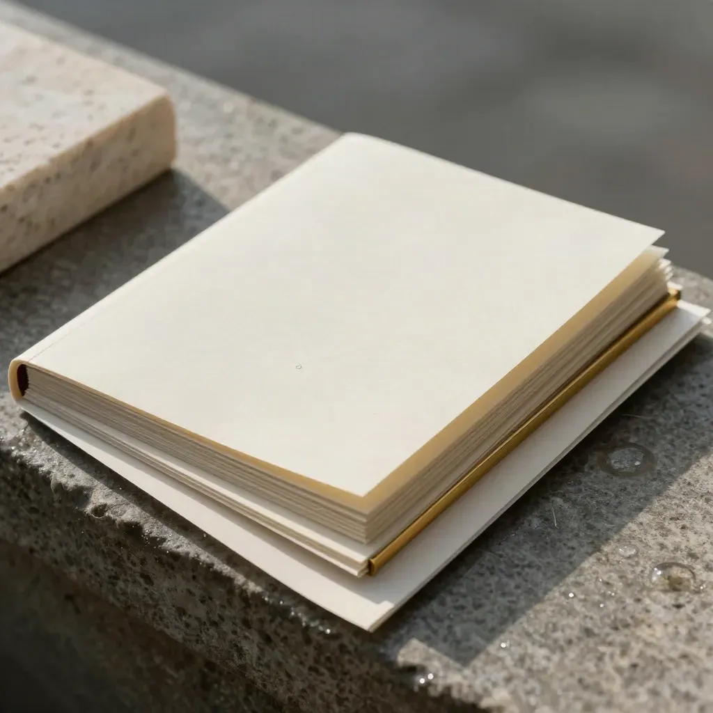 Dossier de stratégie crème, calques pliés et bloc de pierre sur une table humide.