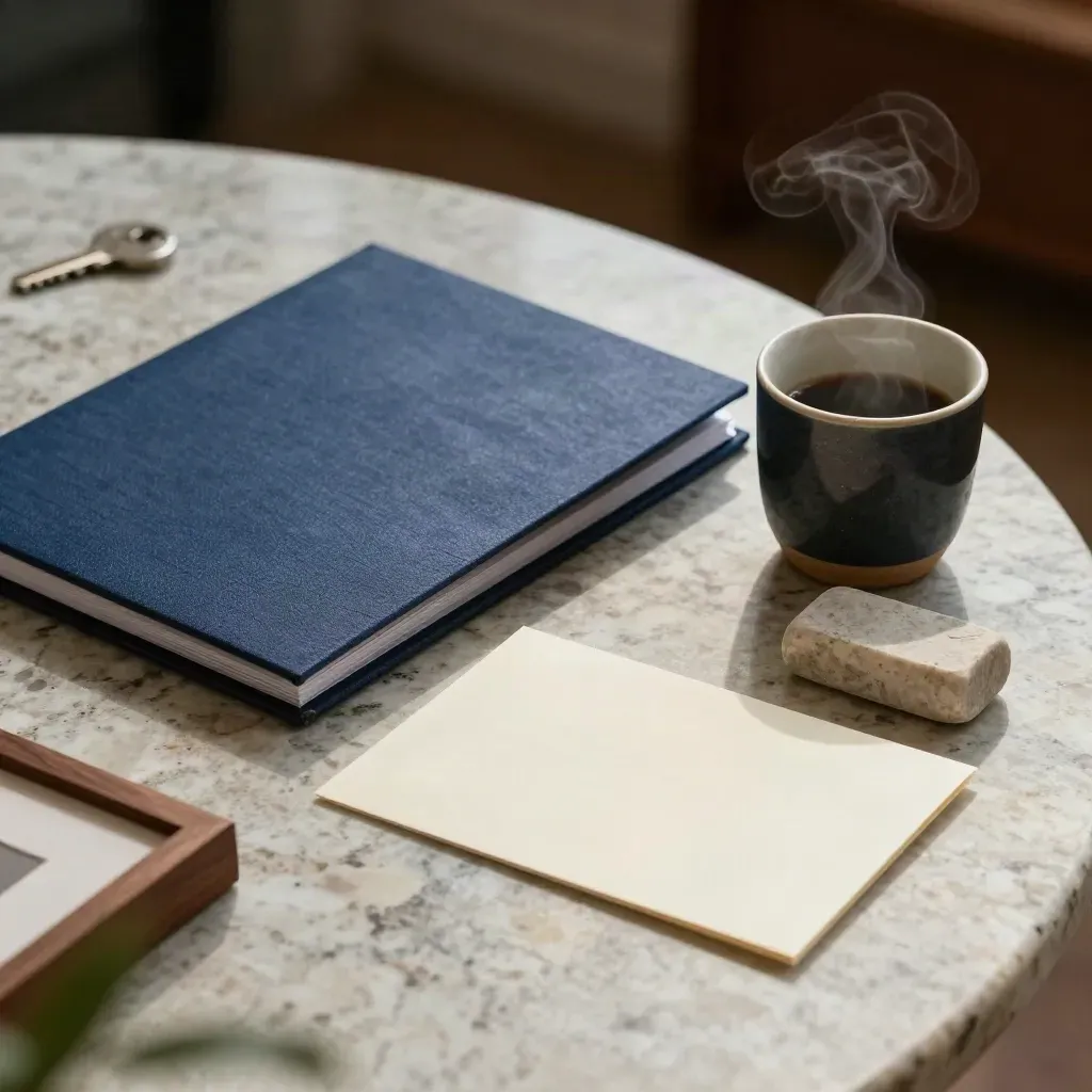 Nature morte premium avec dossier bleu nuit, tasse sombre, carte vierge et presse-papier en pierre.
