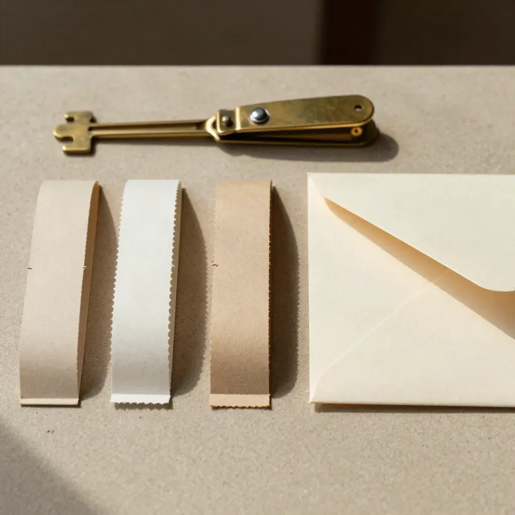 Macro de bandes de papier, coupe-papier fermé et enveloppe crème sur fond sable.