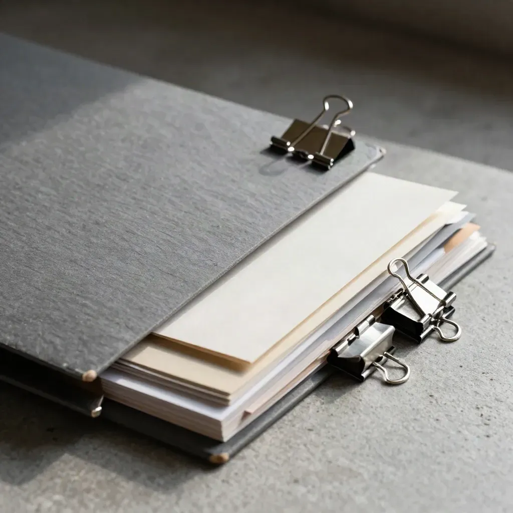 Maquette de deck, papiers et clips métalliques sur surface gris ardoise, lumière rasante.