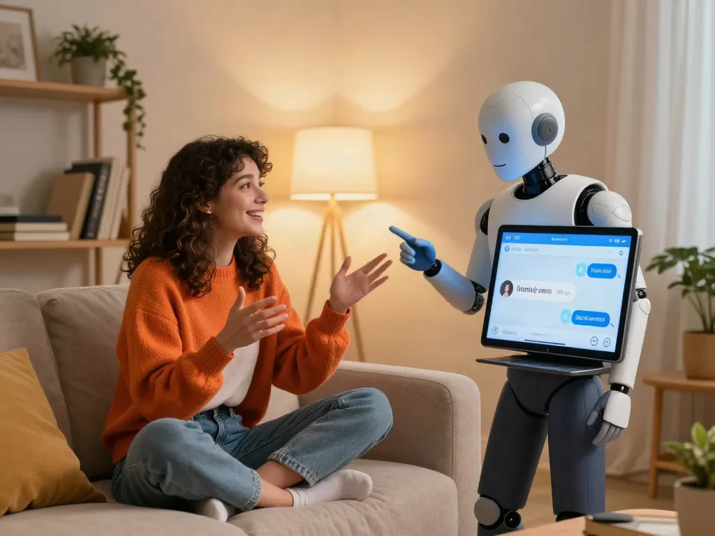 Interactive AI conversation at home with characters from https://companion.crushon.ai/ in a cozy, inviting setting.