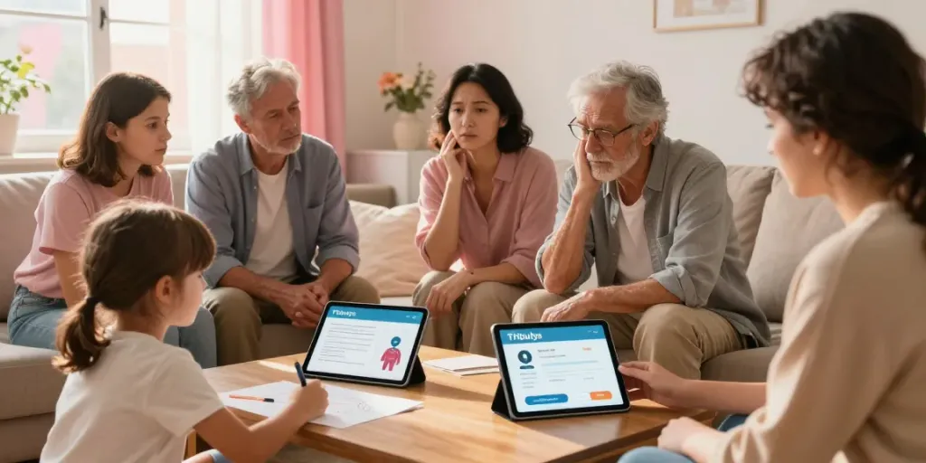 Coordination aidants familiaux : famille réunie autour d'un proche, utilisant l'application Tribulys pour gérer les soins.