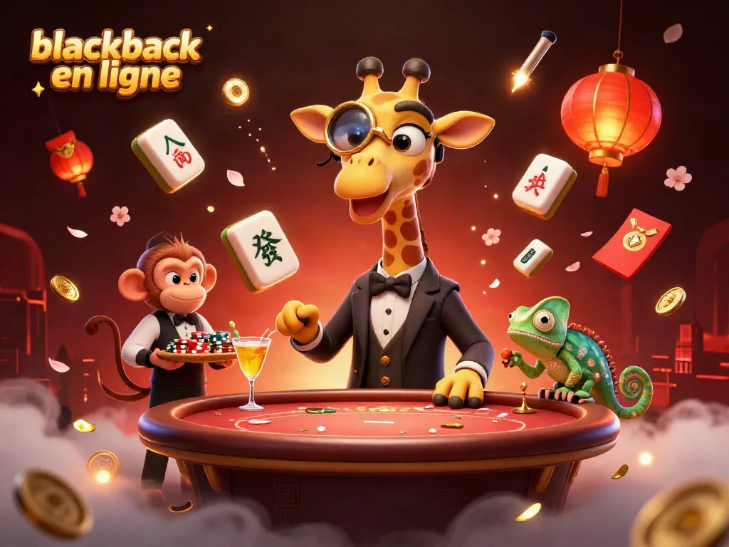 Découvrez le blackjack en ligne avec un girafe high-roller jouant dans un casino animé.