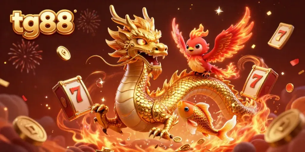 Experience thrilling gameplay at tg88, where a golden dragon and colorful characters celebrate amidst slots and fireworks.