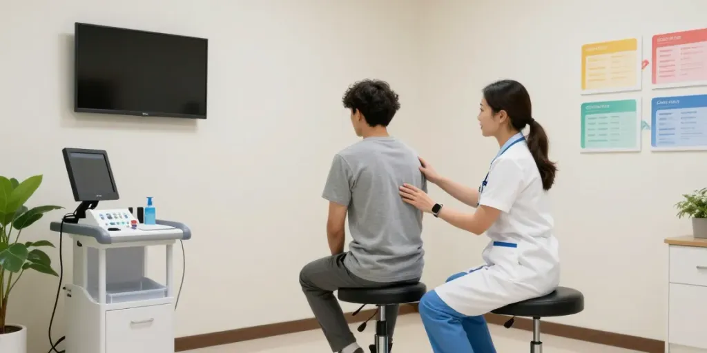 Tabouret selle ergonomique pour médecin dans un cabinet médical, utilisé par un professionnel lors d'une consultation.