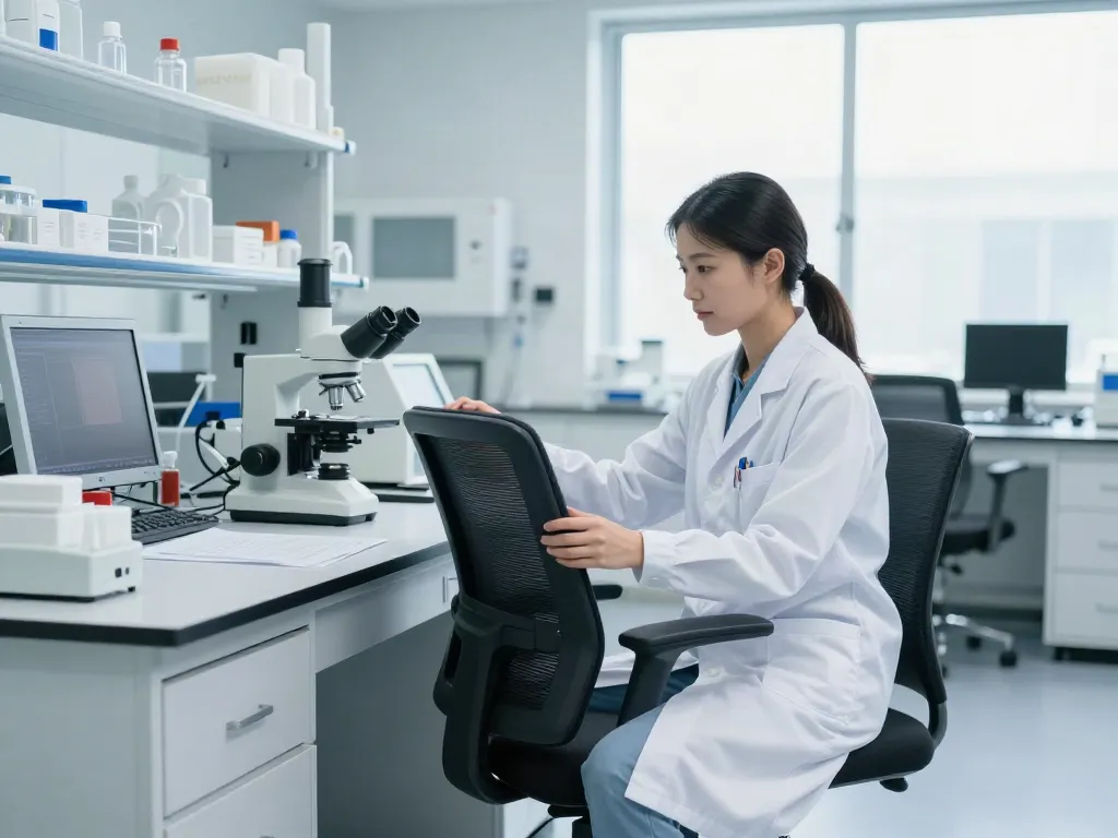 Chaise de laboratoire pour salle blanche ergonomique utilisée par une scientifique dans un environnement stérile.