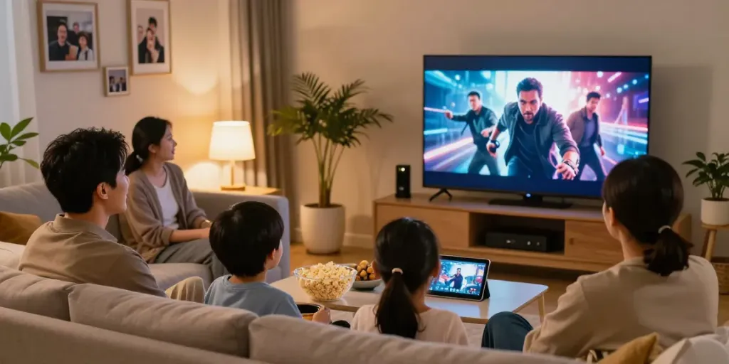 Famille profitant d'une soirée cinéma avec l'application atlas pro sur le téléviseur.