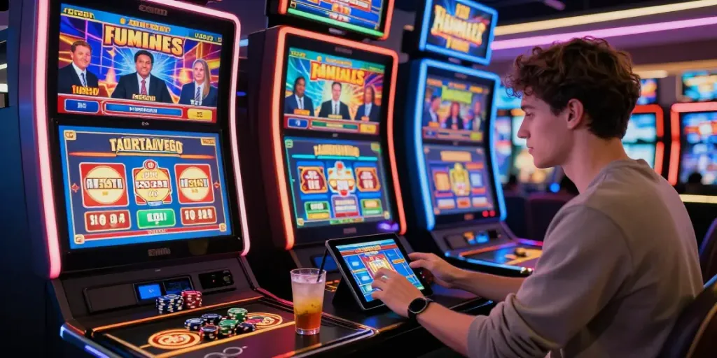 Interface moderne de casino en ligne sur https://studiobarw.com/ avec joueur profitant des machines à sous et ambiance animée.