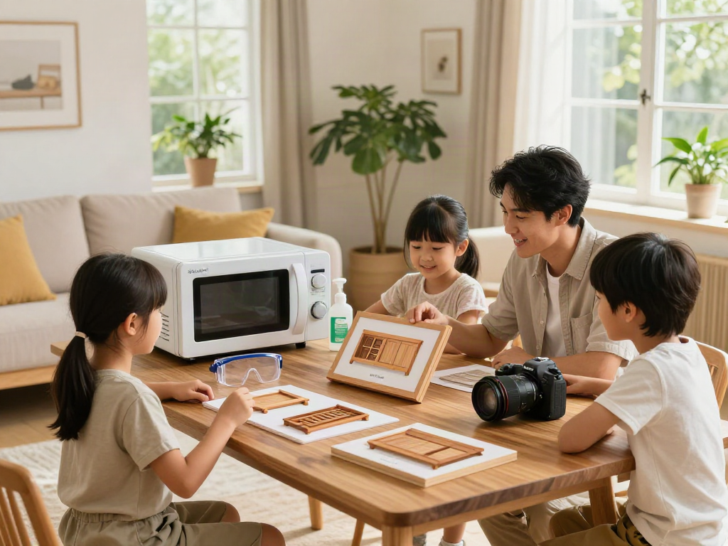 Shashel® traitement à micro-ondes des insectes, famille réunie, démonstration dans un salon lumineux.